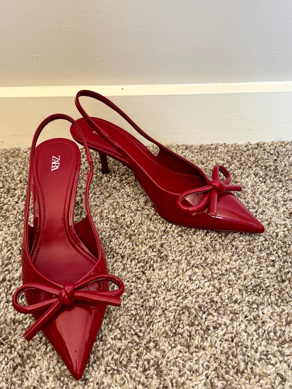 Zara Red Patent Pointed Toe Slingback Pumps with Bow Accent